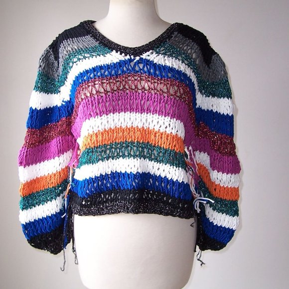 OF HANDMADE Mutl Color Metallic Striped Knit Fringe Accent Sweater M - Picture 1 of 3